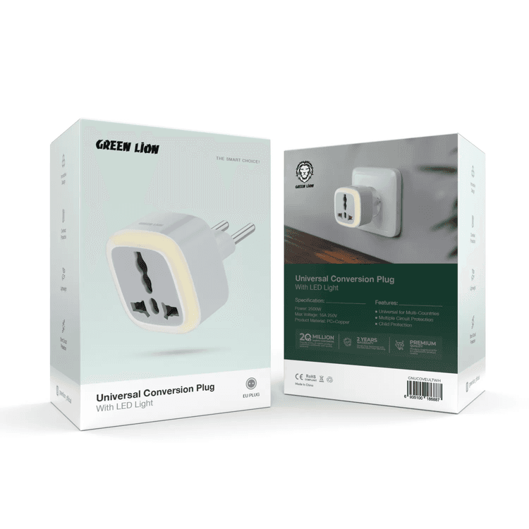 Green Lion Universal Conversion EU Plug with LED Light, Travel Friendly, Multiple Circuit Protection, Lightweight, Pocket Size - White