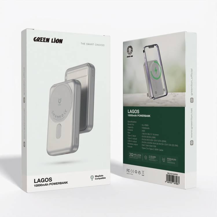 Green Lion Lagos 10000mAh Power Bank PD 20W, Magsafe Compatible, Strong Adsorption, Built in Stand, Compact & Portable - Titanium