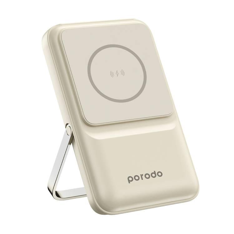 Porodo 10000mAh Magsafe Power Bank Stand Attach with Type C, Lightning , Micro and USB-A Built in Cable, Strong Magnetic Hold - Beige