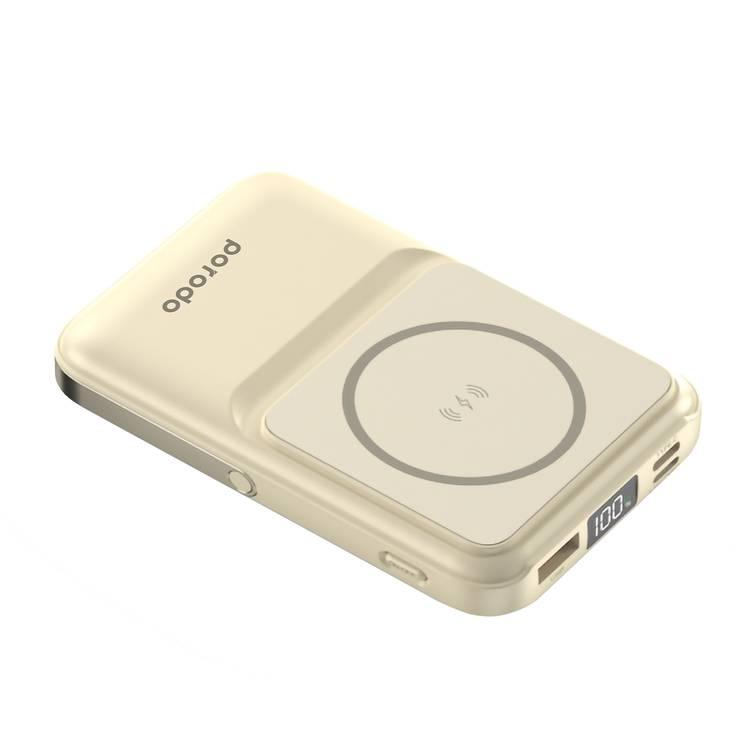 Porodo 10000mAh Magsafe Power Bank Stand Attach with Type C, Lightning , Micro and USB-A Built in Cable, Strong Magnetic Hold - Beige