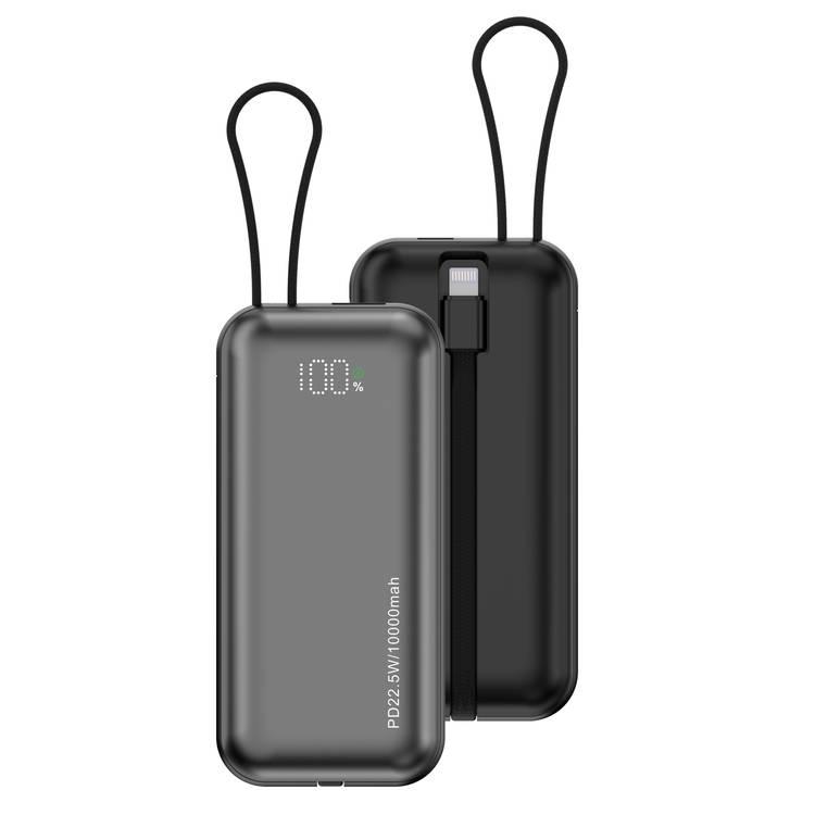 Porodo 10,000 mAh Power Bank - Dual Built-In Type-C and Lightning Cables, PD 22.5W Max Output, Fast Charging from 0 to 60% in 30 Minutes, Digital Display, Compatible with iPhone 15/14, Samsung S24/S23, Huawei, iPad, AirPods and More - Black