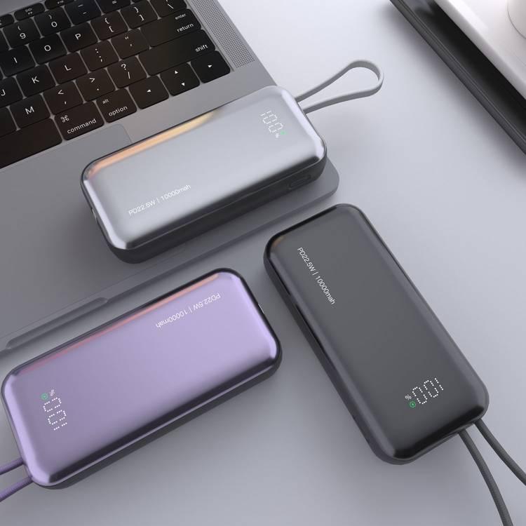 Porodo 10,000 mAh Power Bank - Dual Built-In Type-C and Lightning Cables, PD 22.5W Max Output, Fast Charging from 0 to 60% in 30 Minutes, Digital Display, Compatible with iPhone 15/14, Samsung S24/S23, Huawei, iPad, AirPods and More - Black