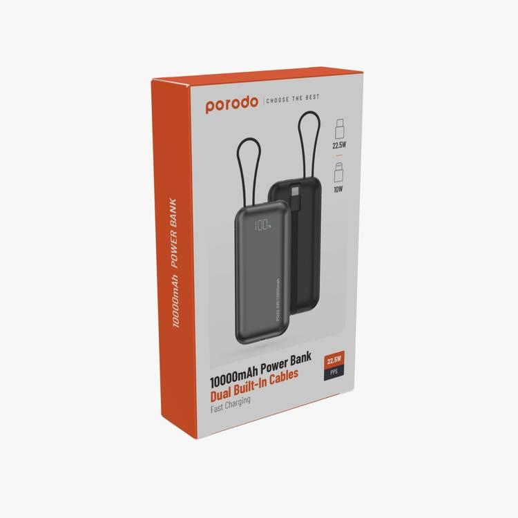 Porodo 10,000 mAh Power Bank - Dual Built-In Type-C and Lightning Cables, PD 22.5W Max Output, Fast Charging from 0 to 60% in 30 Minutes, Digital Display, Compatible with iPhone 15/14, Samsung S24/S23, Huawei, iPad, AirPods and More - Black