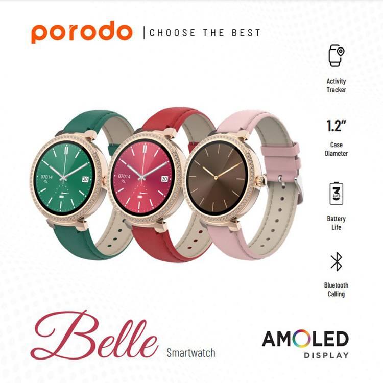 Porodo Belle Lady Smart Watch Rose Gold Dial, Bluetooth V5.4, AMOLED Display, IP68 Water Resistant, Activity Tracker, Bluetooth Calling, Compatible With IOS & Android - Red