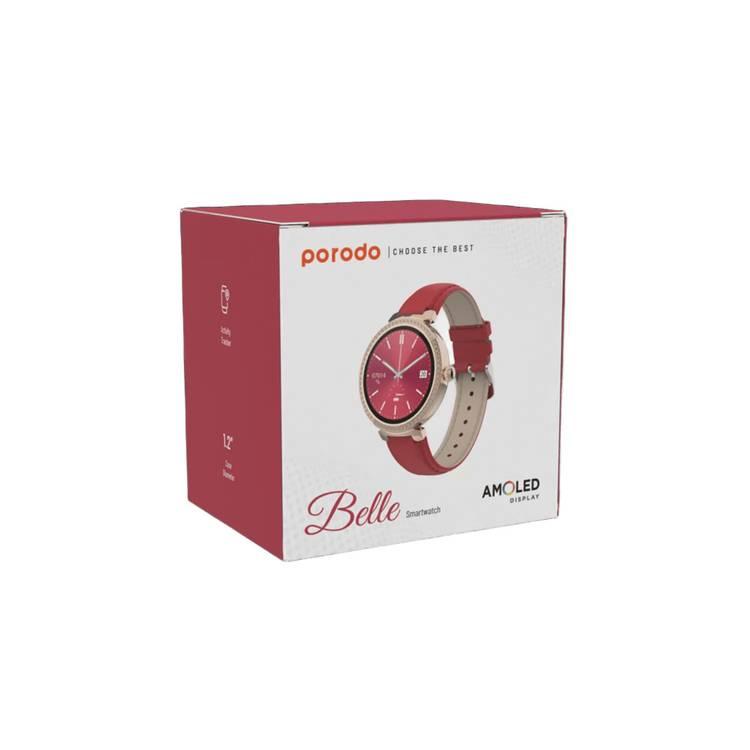 Porodo Belle Lady Smart Watch Rose Gold Dial, Bluetooth V5.4, AMOLED Display, IP68 Water Resistant, Activity Tracker, Bluetooth Calling, Compatible With IOS & Android - Red