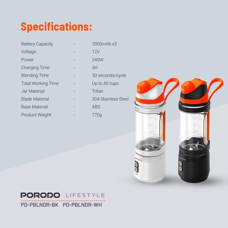 Porodo Lifestyle Dual Spin Clockwise & Reverse Portable Blender, 700ml, 2000mAh x3 Battery Capacity, Stainless Steel Blades, ABS Base, 3 Hours Charging Time, 240W Power