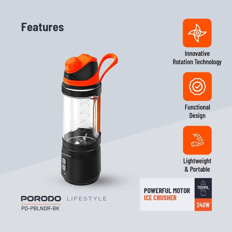 Porodo Lifestyle Dual Spin Clockwise & Reverse Portable Blender, 700ml, 2000mAh x3 Battery Capacity, Stainless Steel Blades, ABS Base, 3 Hours Charging Time, 240W Power