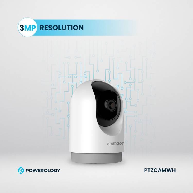 Powerology Indoor PTZ Smart Camera, 2304x1296pixels Resolution, 3MP, Motion Sensor, Night Vision, 100° Field of Vision, Echo Cancellation Audio, Two Way Audio, 2.4GHz Wi-fi - White 