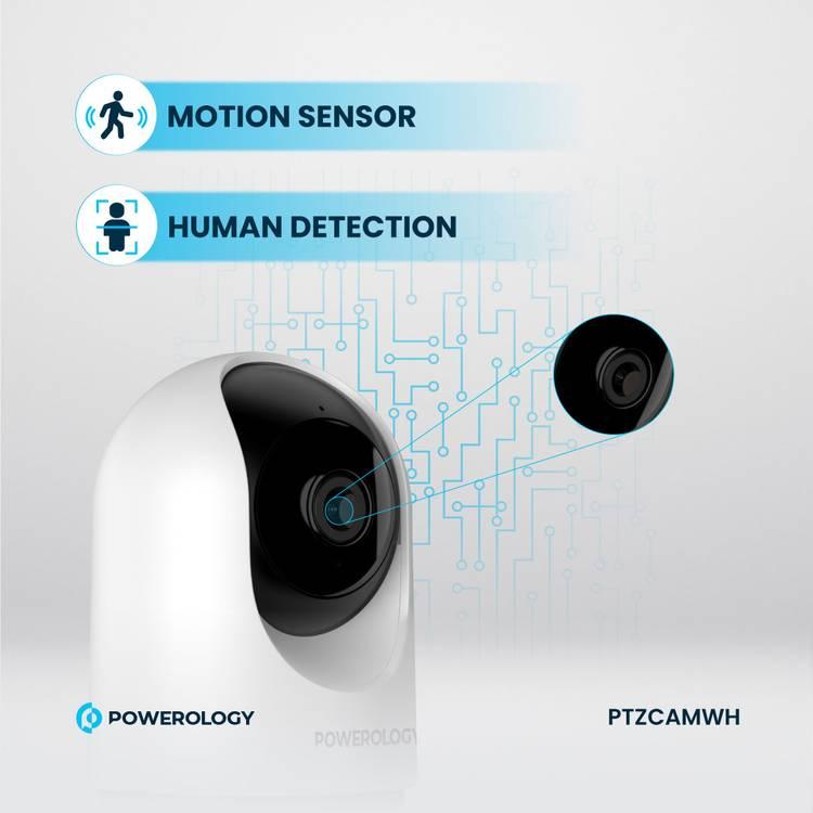 Powerology Indoor PTZ Smart Camera, 2304x1296pixels Resolution, 3MP, Motion Sensor, Night Vision, 100° Field of Vision, Echo Cancellation Audio, Two Way Audio, 2.4GHz Wi-fi - White 