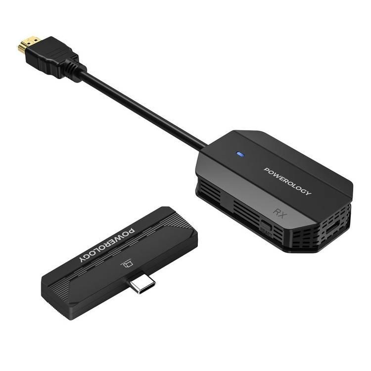 محول Powerology اللاسلكي HDMI Type-C للصوت والفيديو، نطاق نقل 50 مترًا، دقة 1080 بكسل، زمن انتقال منخفض، تصميم التوصيل والتشغيل 