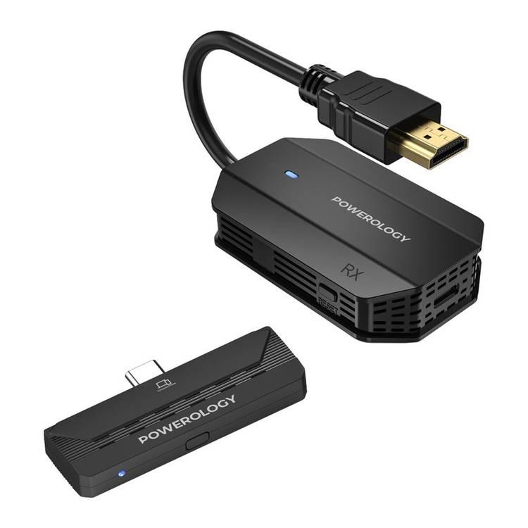 محول Powerology اللاسلكي HDMI Type-C للصوت والفيديو، نطاق نقل 50 مترًا، دقة 1080 بكسل، زمن انتقال منخفض، تصميم التوصيل والتشغيل 