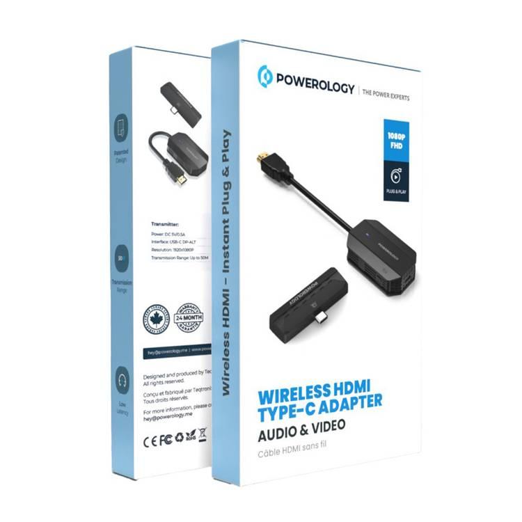 محول Powerology اللاسلكي HDMI Type-C للصوت والفيديو، نطاق نقل 50 مترًا، دقة 1080 بكسل، زمن انتقال منخفض، تصميم التوصيل والتشغيل 