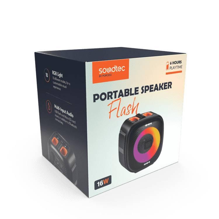 Porodo Soundtec Flash RGB Portable Bluetooth Speaker 16W, FM Radio, 6 Hours Playtime, Powerful Bass, 10 RGB Lights, Lightweight & Portable Design, USB Flash & Micro SD Card Inputs, AUX Port, Speaker for Home, Outdoors or Travel - Black