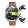 Porodo Hype Smart Watch with Wireless Earbuds and Brown Leather Band, Compatible with Android 5.0, IOS 10.0 and Above - Silver