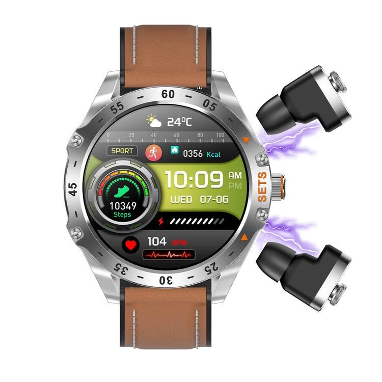 Porodo Hype Smart Watch with Wireless Earbuds and Brown Leather Band, Compatible with Android 5.0, IOS 10.0 and Above - Silver