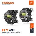 Porodo Hype Smart Watch with Wireless Earbuds and Brown Leather Band, Compatible with Android 5.0, IOS 10.0 and Above - Silver