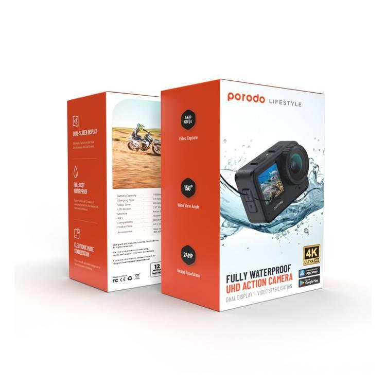 Porodo Lifestyle Fully Waterproof UHD Action Camera Dual Display with Video Stabilization, Wi-Fi, 128GB Micro SD, 80 minutes Video Capture, Windows & Mac, White Balance - Black