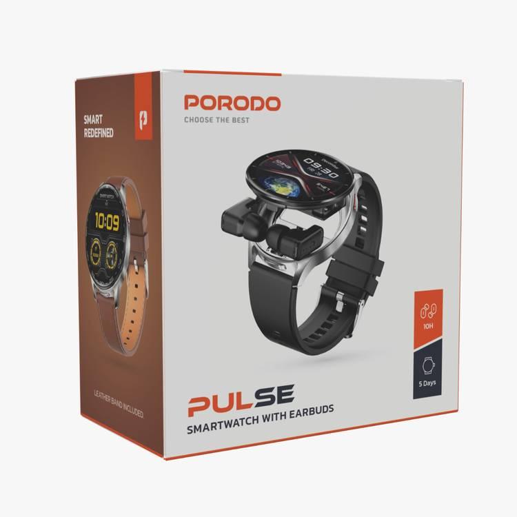 Porodo Pulse Smart Watch with Wireless Earbuds, Leather & Silicone Straps, Android 5.0 and iOS 10.0 and Above - Silver