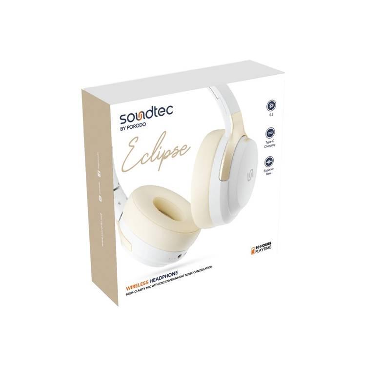 Porodo Soundtec Eclipse Wireless Over-Ear Headphones, High-Clarity Mic with ENC, 50 Hours Playtime, 400mAh Battery, Multi Function Buttons, Type C Charging, Compatible with All Phones for Enhanced Music and Calls - White/Gold