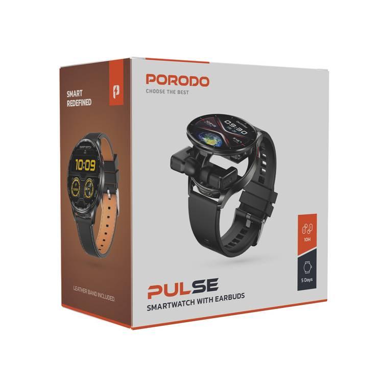 Porodo Pulse Smart Watch with Wireless Earbuds, Leather & Silicone Straps, Android 5.0 and iOS 10.0 and Above - Black