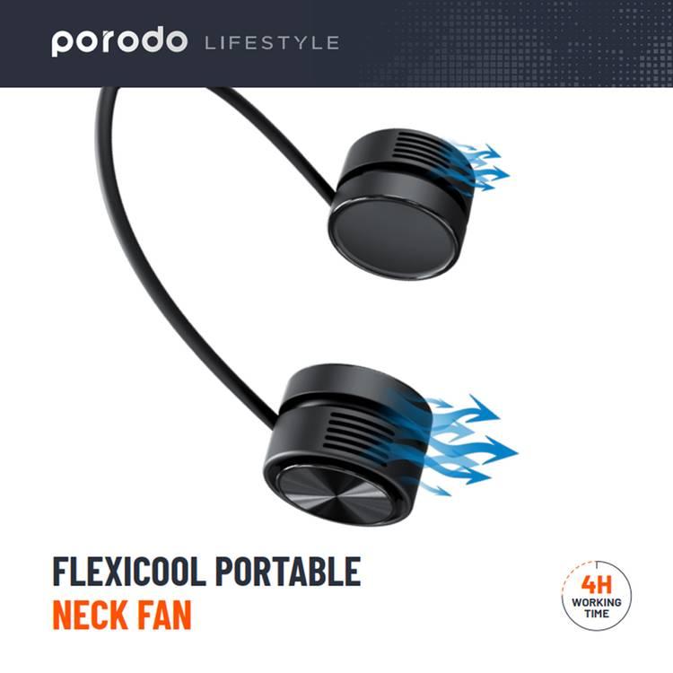 Porodo LifeStyle Flexicool Portable Skin-Friendly Silicone Neck Fan with 2H Recharge Time and Type-C Charging Port - Black