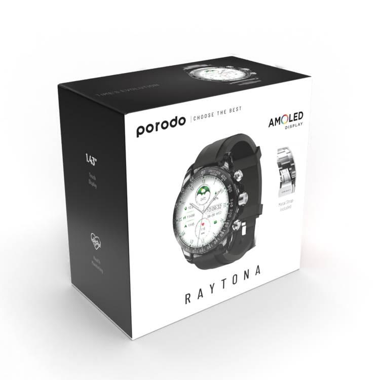 Porodo Raytona Smart Watch for Android and iOS Mobile Phone, 1.43" Touch Display, Wireless Charging, Multiple Sport Modes, Bluetooth Calling, Health Monitoring - Black