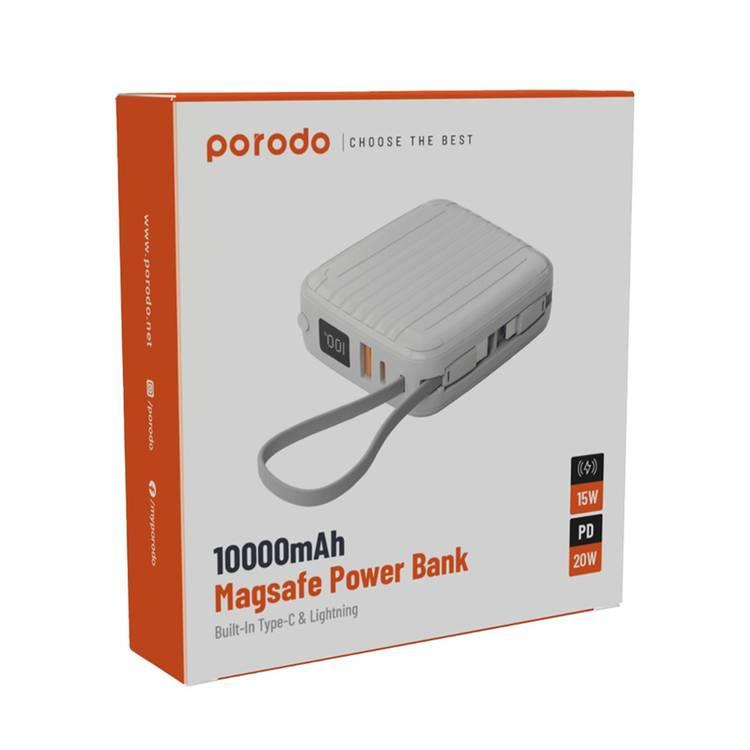 Porodo 10000mAh MagSafe Power Bank, Built in Type-C & Lightning Cables, Digital Display, 15W Wireless Output, Portable, PD 20W, QC 22W   