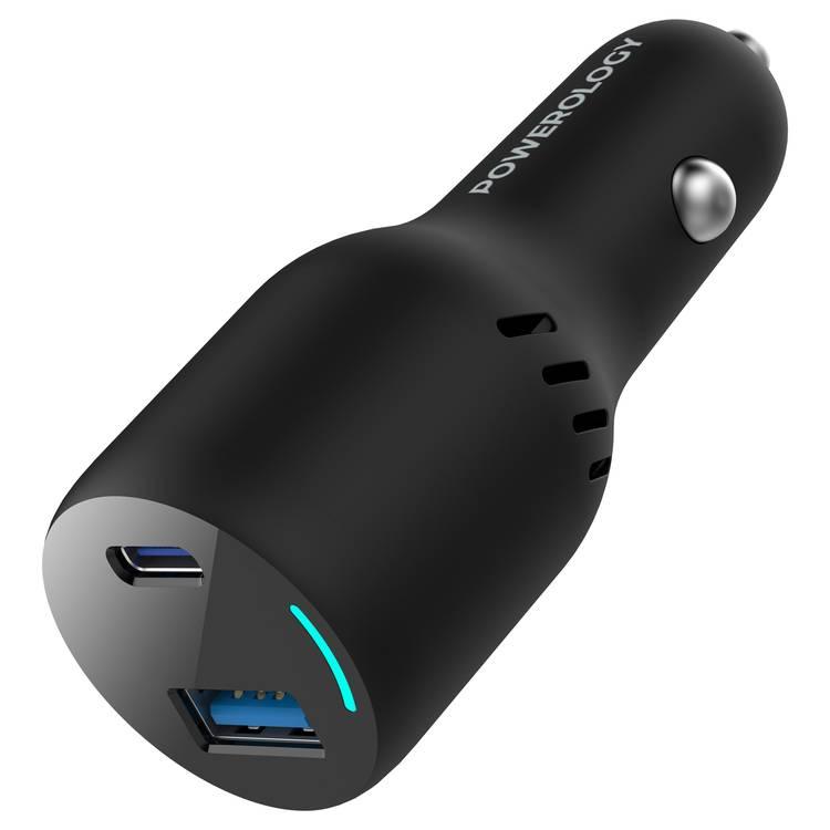 Powerology Dual Ports Car Charger 65W PD, QC18W, Cooling Air Vent, Laptop Charger - Black