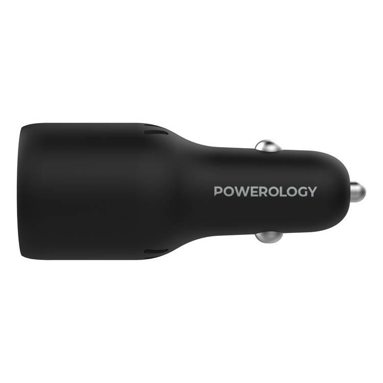 شاحن سيارة بمنفذين من Powerology بقوة 65 وات PD، QC18W، فتحة تبريد، شاحن للكمبيوتر المحمول - أسود