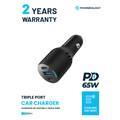 Powerology Triple Ports Car Charger 65W PD, QC18W, Cooling Air Vent, Laptop Charger - Black