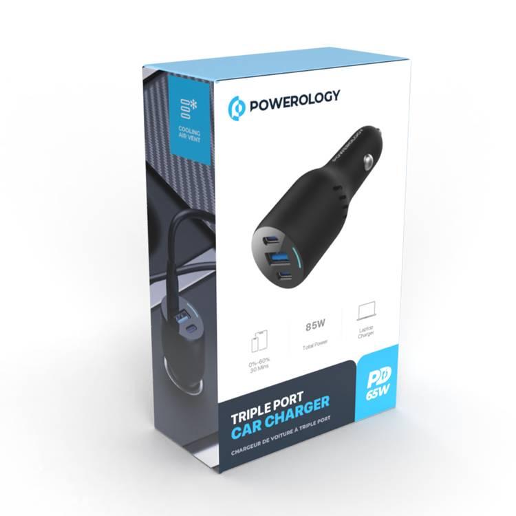 Powerology Triple Ports Car Charger 65W PD, QC18W, Cooling Air Vent, Laptop Charger - Black