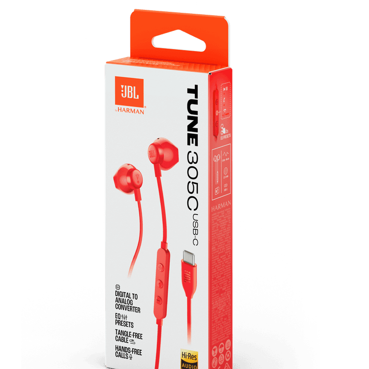 JBL Tune 305C USB-C Wired in Ear Hi-Res Headphones, Compatible with USB-C Devices, Digital to Analog Converter, EQ Presets - Red