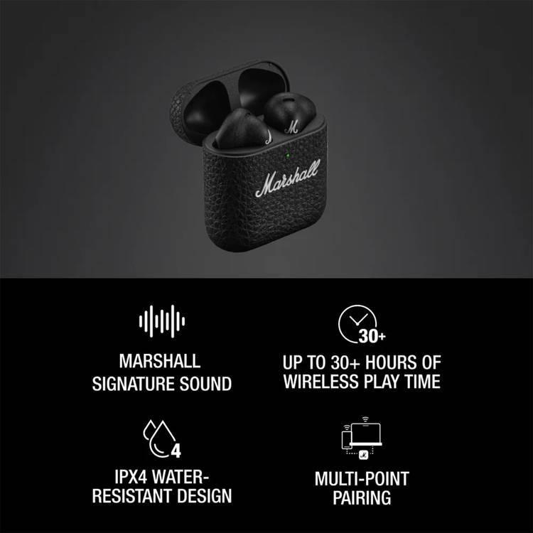 Marshall Minor IV Wireless Earbuds,  2 Hours Charging Time, 12mm Driver, Bluetooth 5.3, 30 Hours Wireless Playtime, 2 Hours Charging Time, IPX4 Water Resistant - Black