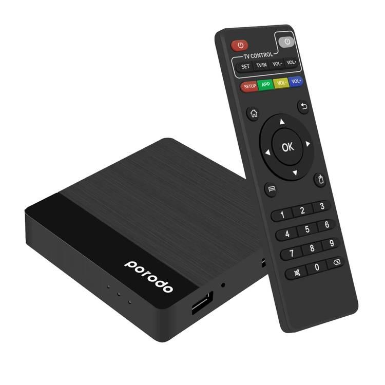 Porodo Android TV Box Video Streaming, 8GB Storage, 1GB RAM, 1080 Full HD, Quad-Core, HDMI, x2 USB 2.0, RJ45, AV Output, Unlimited Streaming, UK 3Pin - Black 