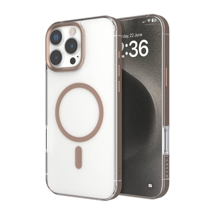 Levelo Claire with Aluminum Bumper Case for iPhone 16 Pro, Hybrid Case, MagSafe Compatibility - Rose Gold Titanium