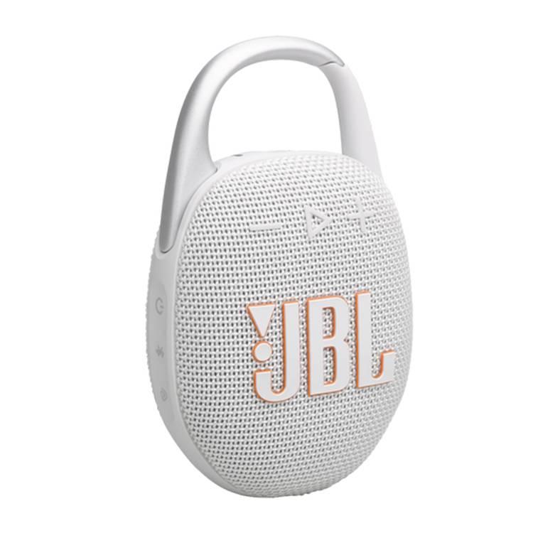 مكبر صوت JBL Clip 5 اللاسلكي المحمول، بلوتوث 5.3، وقت شحن 3 ساعات، طاقة خرج 7 وات، عمر بطارية 15 ساعة، مقاوم للماء والغبار IP67 - أبيض