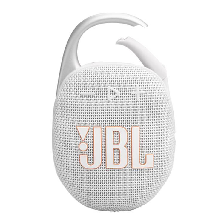 مكبر صوت JBL Clip 5 اللاسلكي المحمول، بلوتوث 5.3، وقت شحن 3 ساعات، طاقة خرج 7 وات، عمر بطارية 15 ساعة، مقاوم للماء والغبار IP67 - أبيض