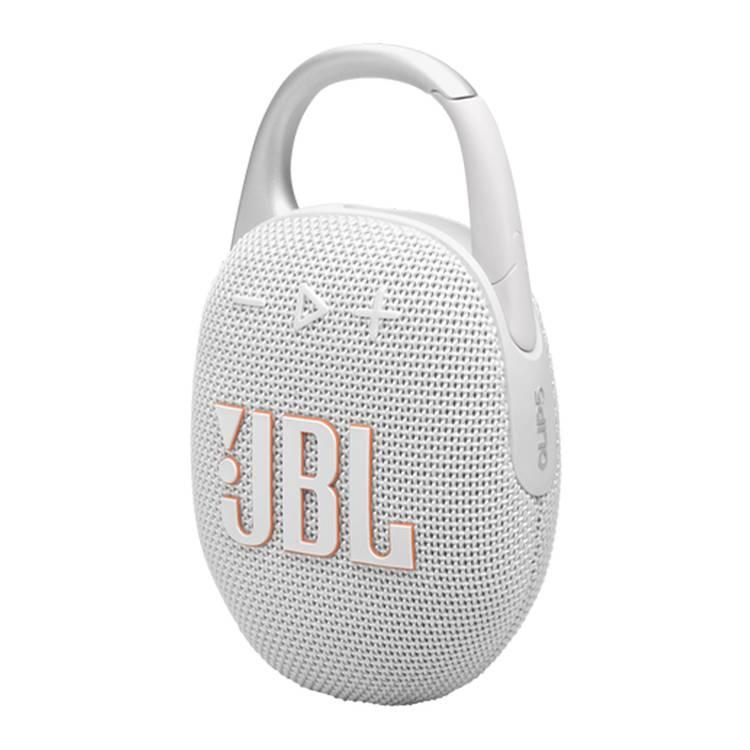 مكبر صوت JBL Clip 5 اللاسلكي المحمول، بلوتوث 5.3، وقت شحن 3 ساعات، طاقة خرج 7 وات، عمر بطارية 15 ساعة، مقاوم للماء والغبار IP67 - أبيض