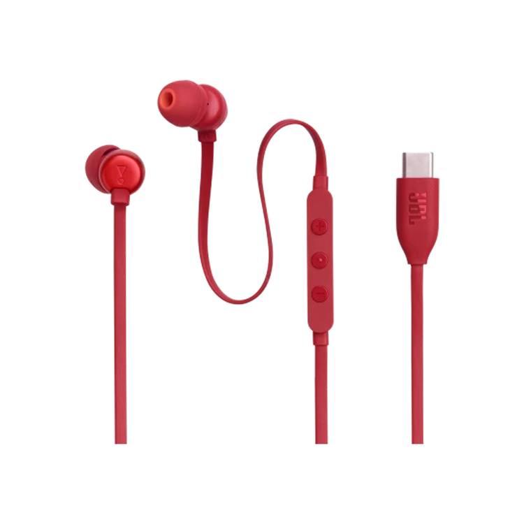 JBL T310C USB-C Wired Earphones, High Resolution Audio, Tangle-Free Flat Cable, Digital to Analog Converter, Compatible with PCs/Mobiles/Gaming Consoles, Pure Bass Sound, 1.2m - Red 