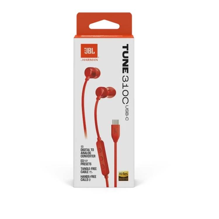 JBL T310C USB-C Wired Earphones, High Resolution Audio, Tangle-Free Flat Cable, Digital to Analog Converter, Compatible with PCs/Mobiles/Gaming Consoles, Pure Bass Sound, 1.2m - Red 