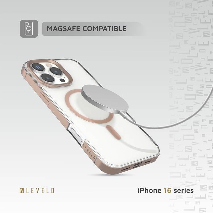 حافظة Levelo Claire مع مصد من الألومنيوم لهاتف iPhone 16 Pro Max، حافظة هجينة، متوافقة مع MagSafe - تيتانيوم ذهبي وردي