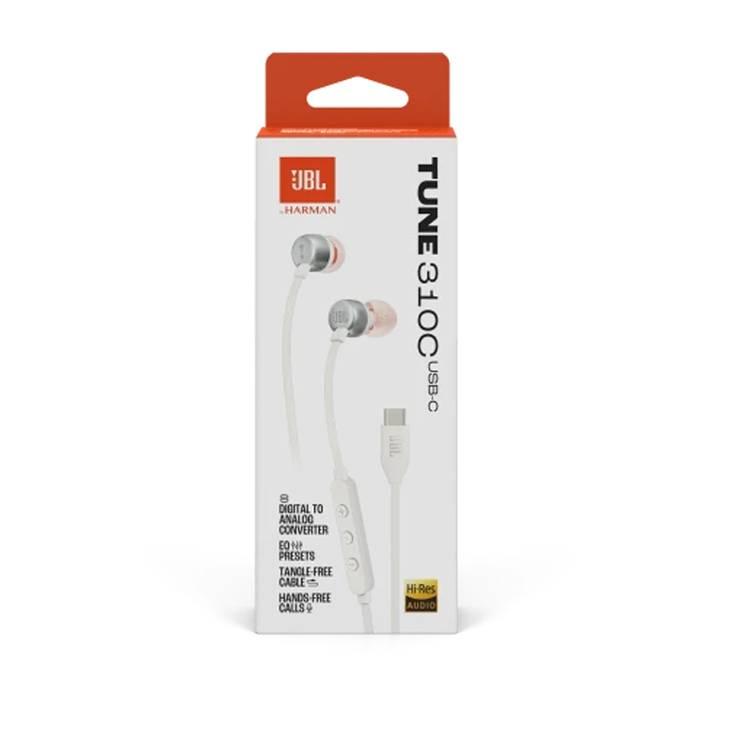 JBL T310C USB-C Wired Earphones, High Resolution Audio, Tangle-Free Flat Cable, Digital to Analog Converter, Compatible with PCs/Mobiles/Gaming Consoles, Pure Bass Sound, 1.2m - White