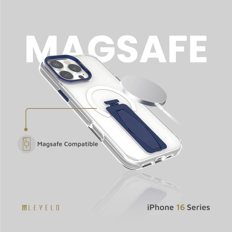 حافظة Levelo Morphix MagSafe Grip لهاتف iPhone 16 Pro Max، زوايا مقاومة للصدمات، حلقة معدنية للكاميرا، حامل متعدد الوظائف من مادة TPU الفاخرة من Bayer، مقبض من السيليكون - أزرق