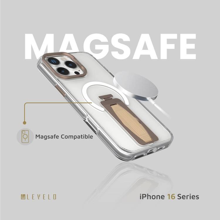 حافظة Levelo Morphix MagSafe Grip لهاتف iPhone 16 Pro، زوايا مقاومة للصدمات، حلقة معدنية للكاميرا، حامل متعدد الوظائف من مادة TPU الفاخرة من Bayer، مقبض من السيليكون - تيتانيوم ذهبي وردي