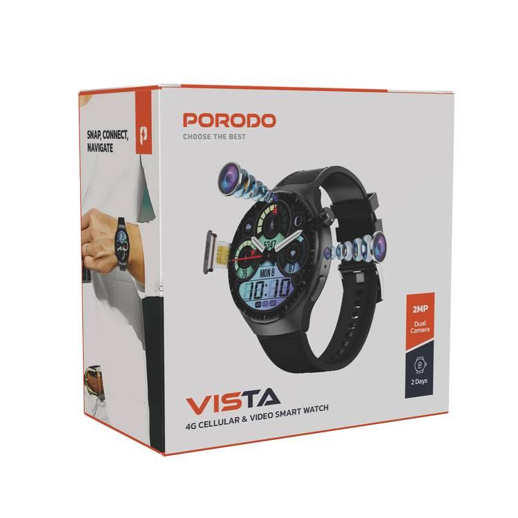 ساعة ذكية Porodo Vista 4G Cellular &amp; Video، أندرويد 8.1.0، بطارية 900 مللي أمبير، وقت شحن 2 ساعة، ذاكرة 2+16 جيجابايت، نظام تحديد المواقع العالمي (GPS) في الوقت الفعلي، مراقبة معدل ضربات القلب والنوم، كاميرا مزدوجة بدقة 2 ميجابكسل، وقت عمل يصل إلى يومين، وقت استعداد يصل إلى 5 أيام - أسود 