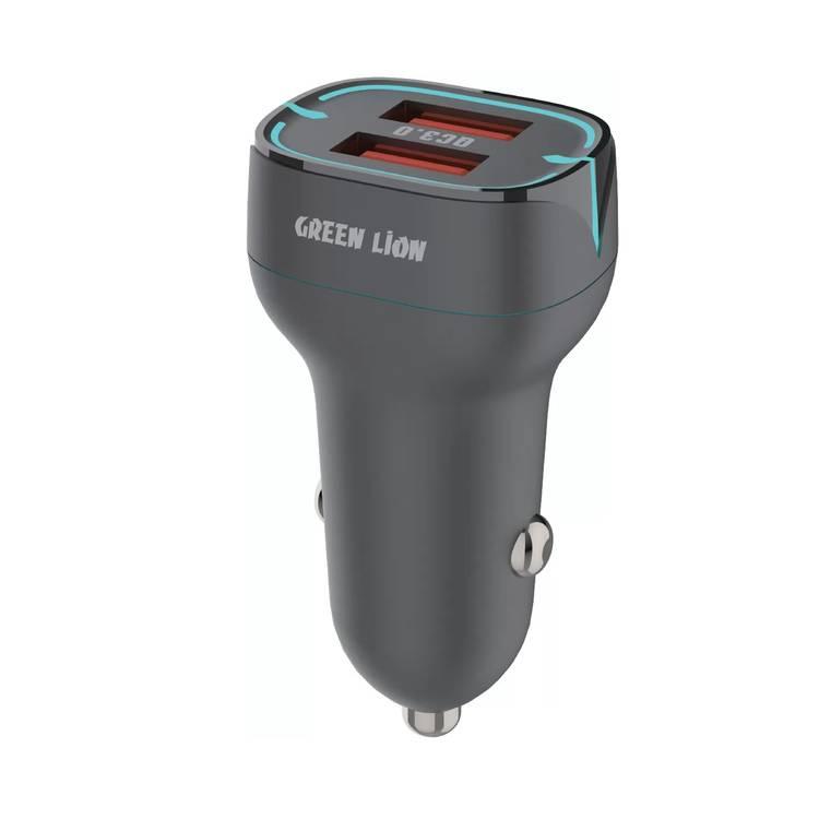 Green Lion Dual Port QC3.0 Car Charger Fast Charging, 2*USB-A Output, 36W Total Output - Black