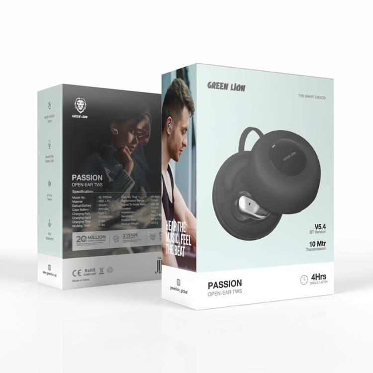 Green Lion Passion Open-Ear TWS Earbuds with Type-C Charging Port, IPX4 Waterproof and Bluetooth V5.4 - Black