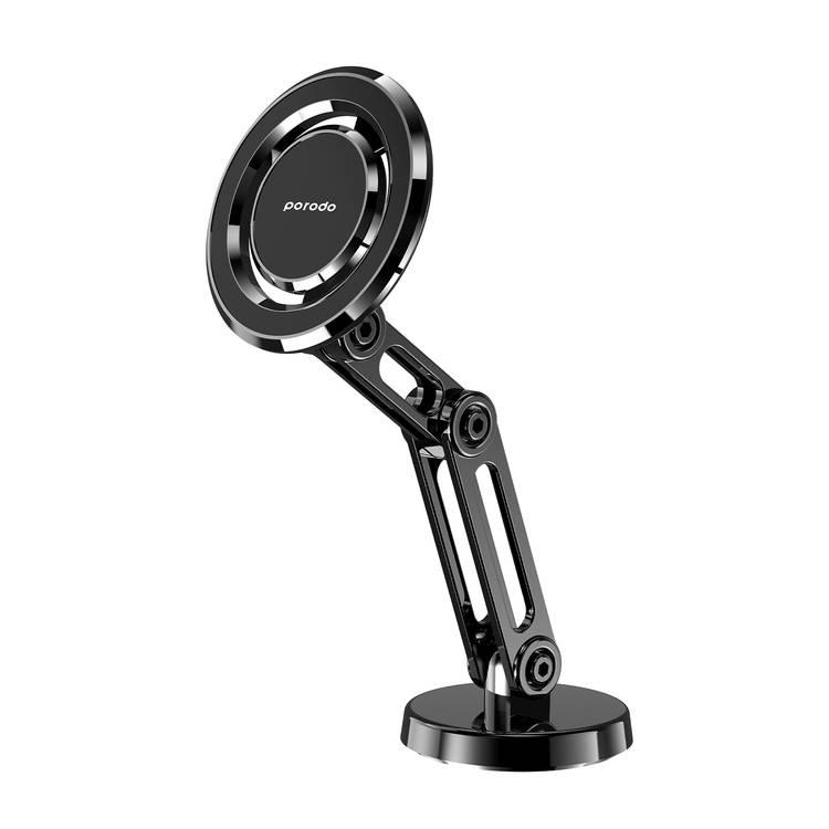 Porodo Zinc Alloy Phone Mount Multi-Joint & 360° Rotating Base, x42 Embedded N52 Magnets, Folding Design, One Hand Operation, 4500Gauss Magnetic Force - Black