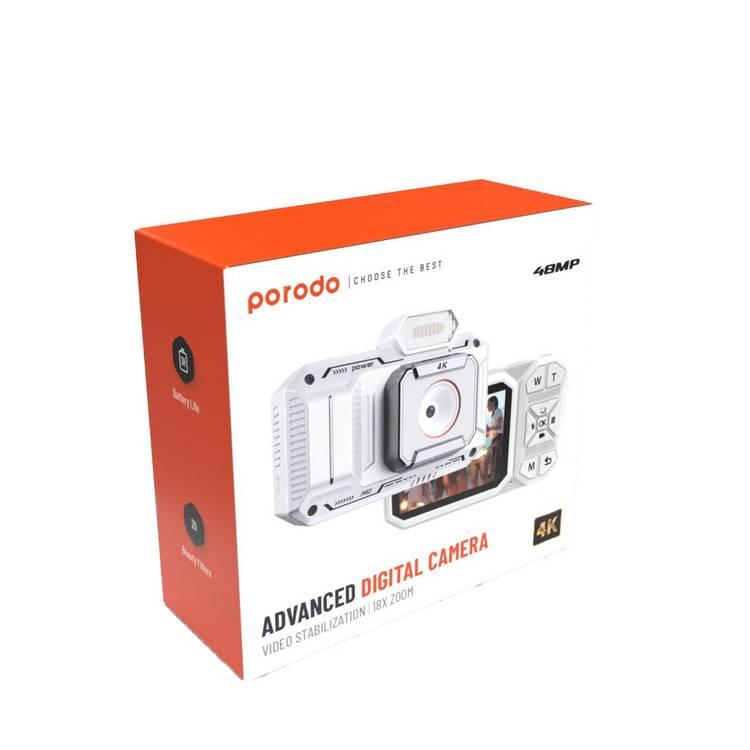 Porodo Advanced Digital Camera Video Stabilization & 18x Zoom, 13MP Image Resolution (Interpolated 48MP), 3H Battery Life, 720P/ 1080P/ 2.7K/ 4K Video Resolution - White