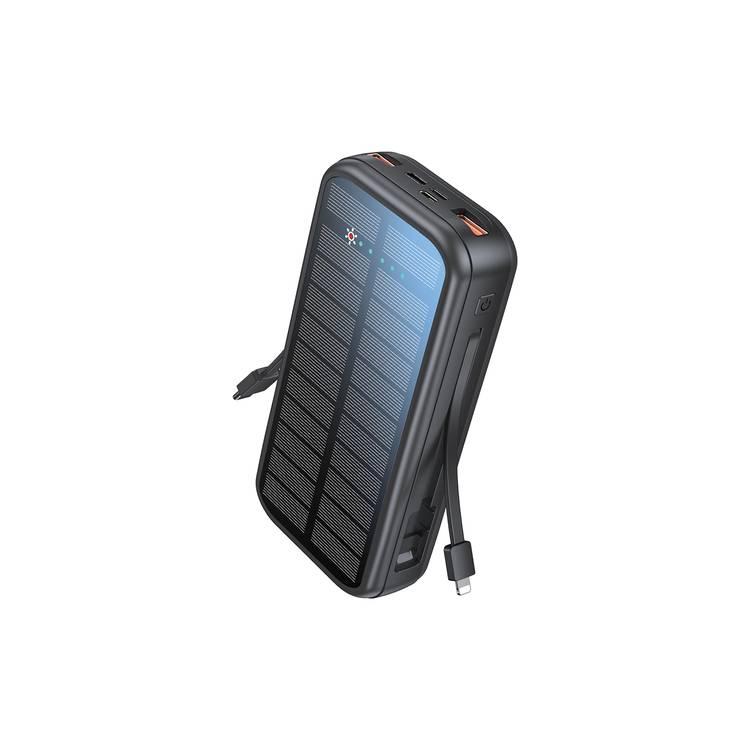 Green Lion Solar-2 20000mAh Power Bank, PD2OW, Built-In Cables Type-C & Lightning, Short Circuit and Overvoltage Protection - Black